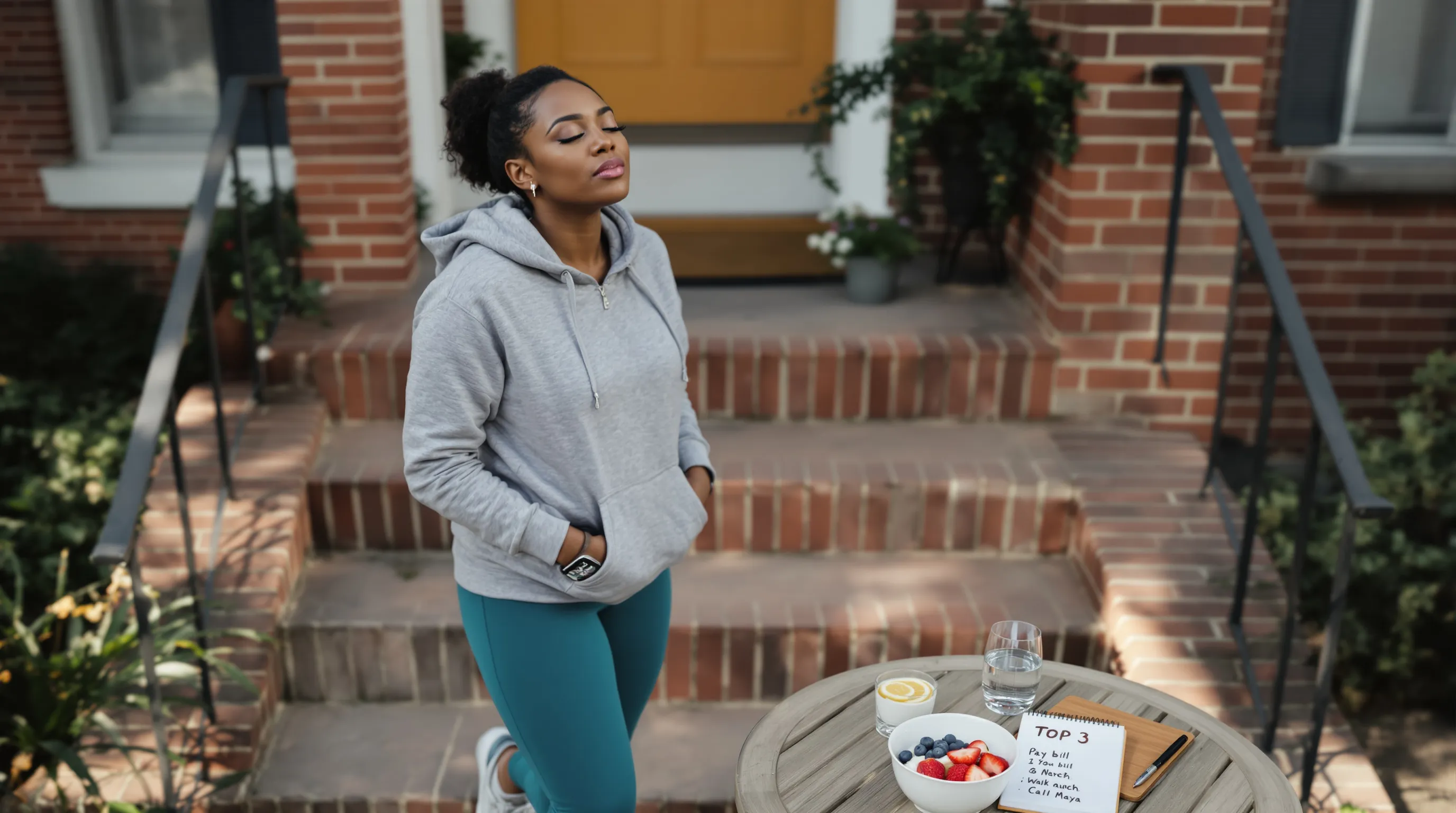 Woman in morning light hydrates, breathes, and plans top three priorities.