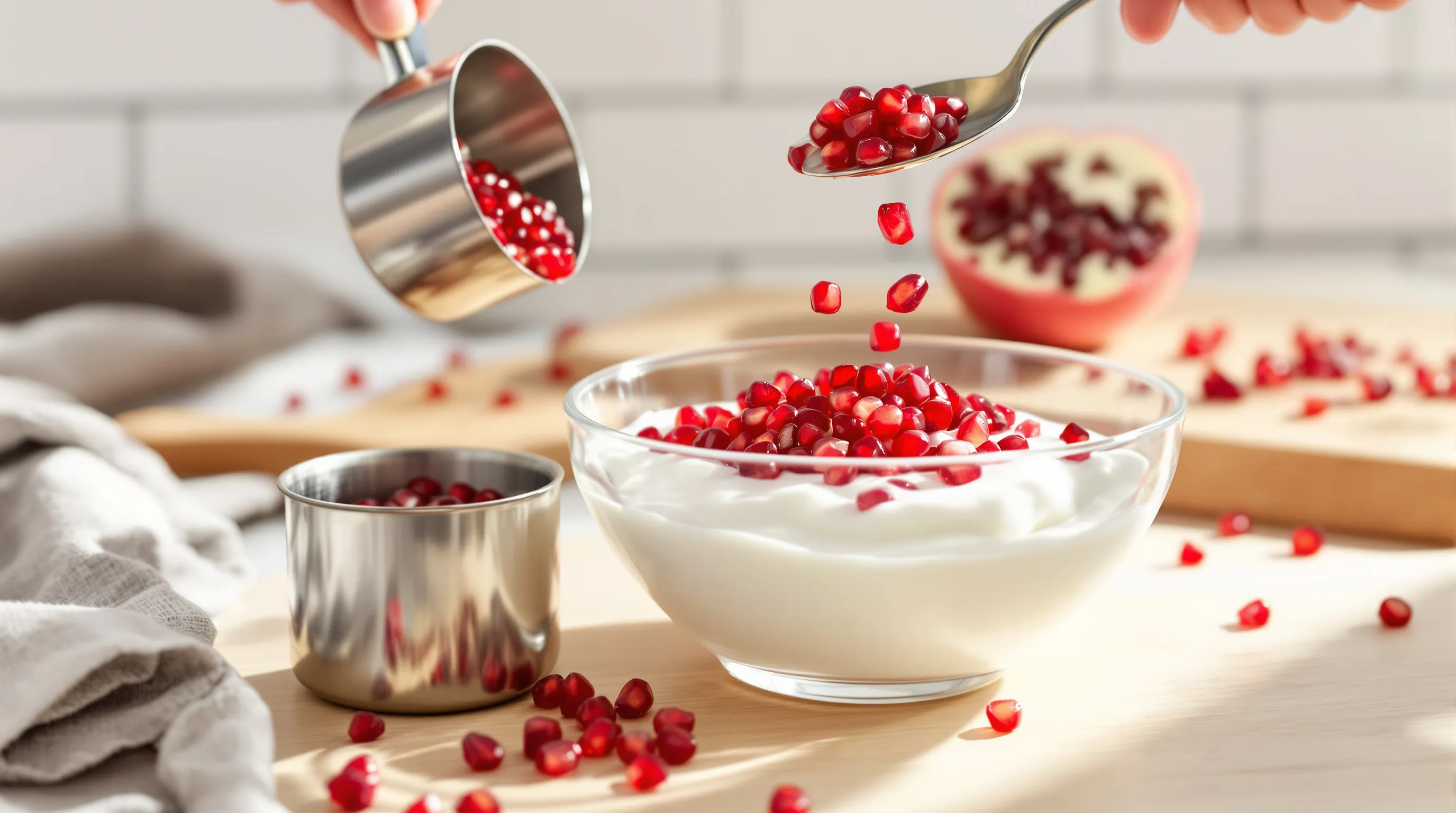 Pomegranate arils topping Greek yogurt in a sunlit American kitchen close-up.