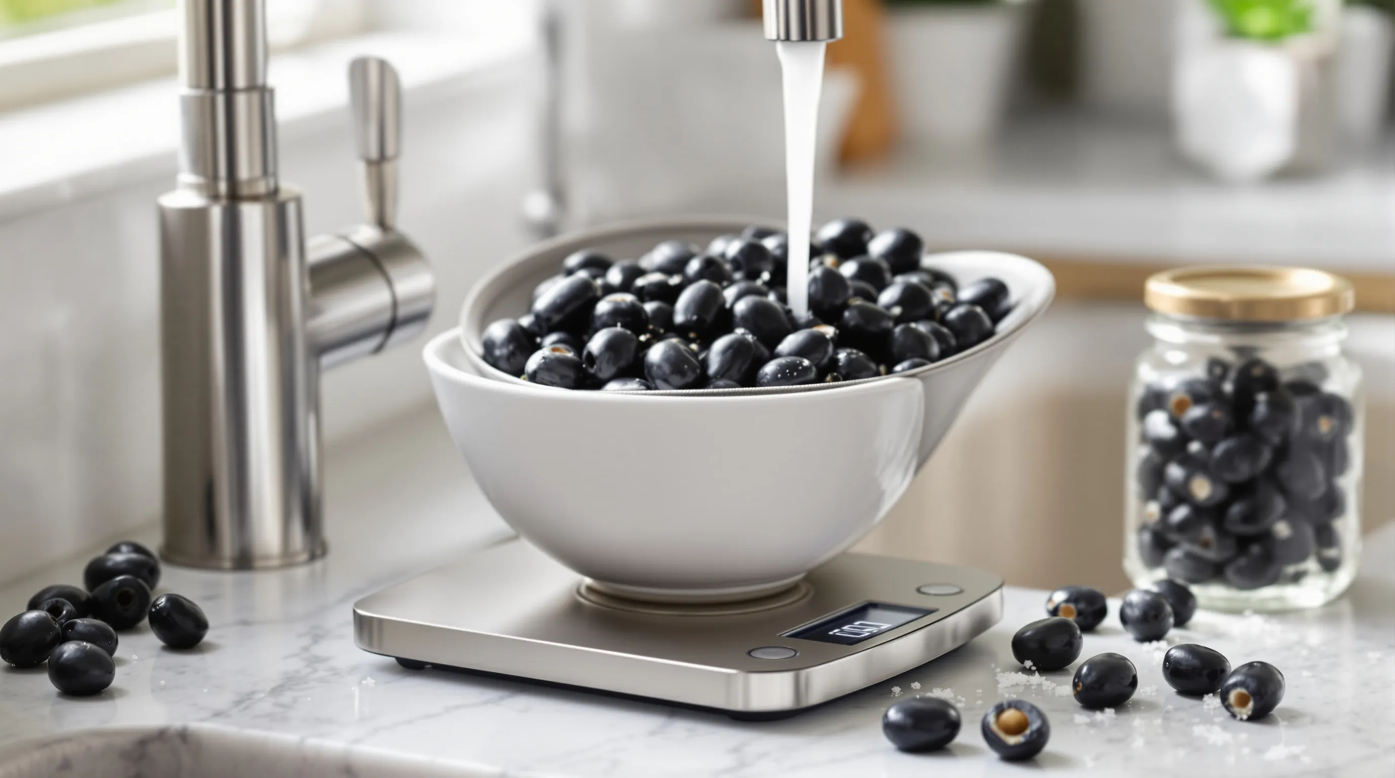 Bowl of black olives on a kitchen scale with more olives rinsing nearby.