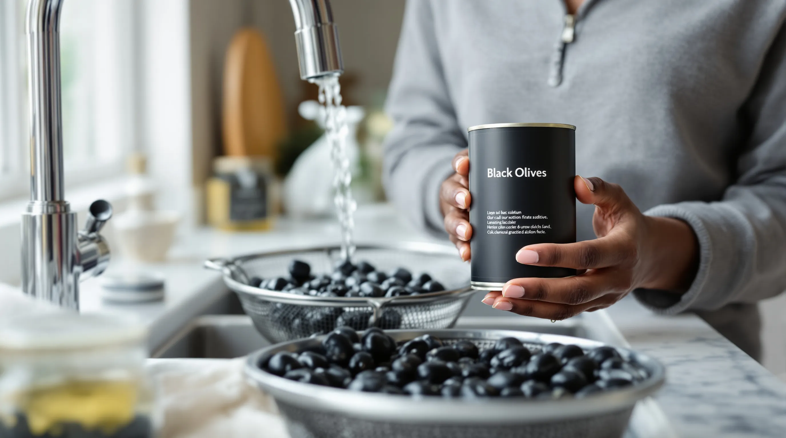 Woman reading black olive label while rinsing olives and measuring a portion.