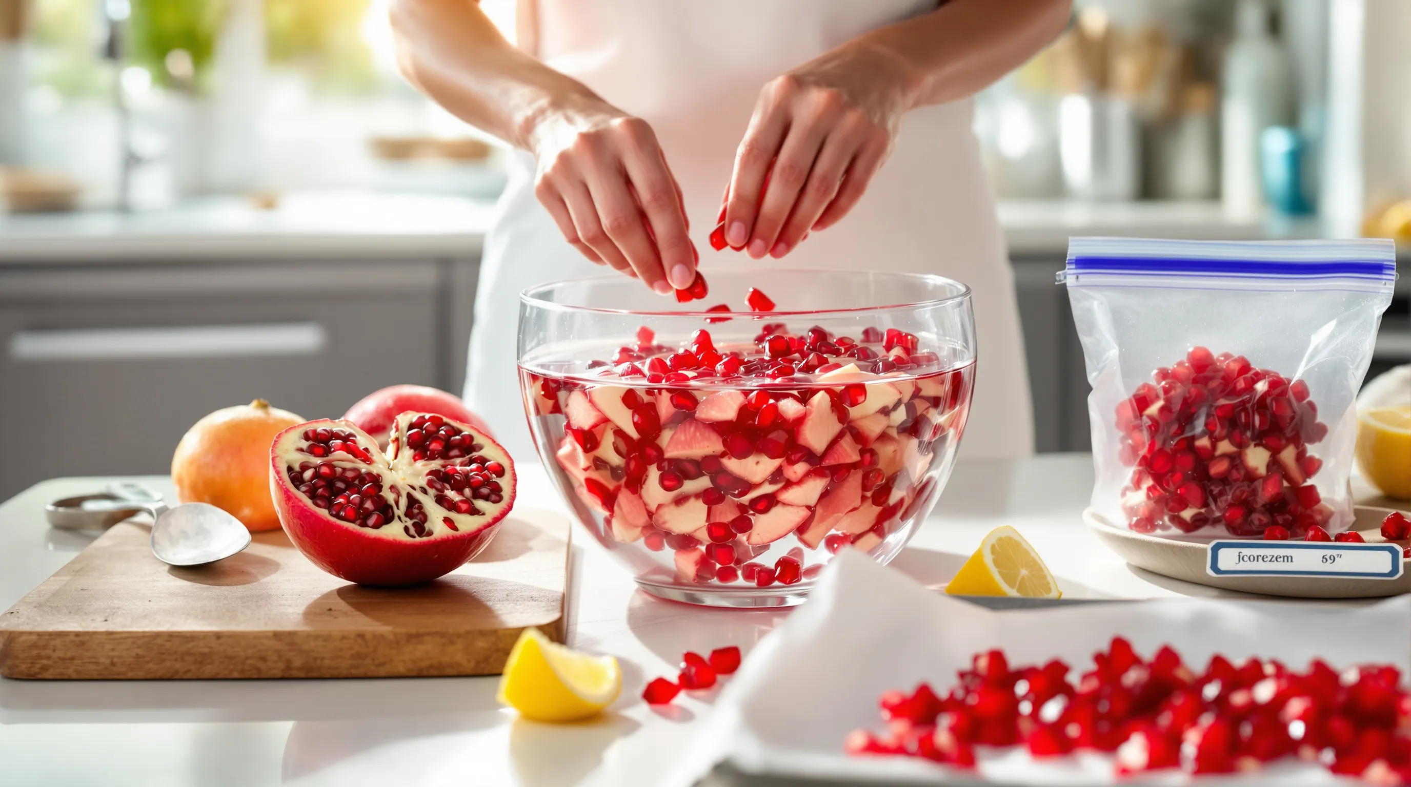 Hands seed pomegranate under water; arils stored, frozen, and lemon nearby.