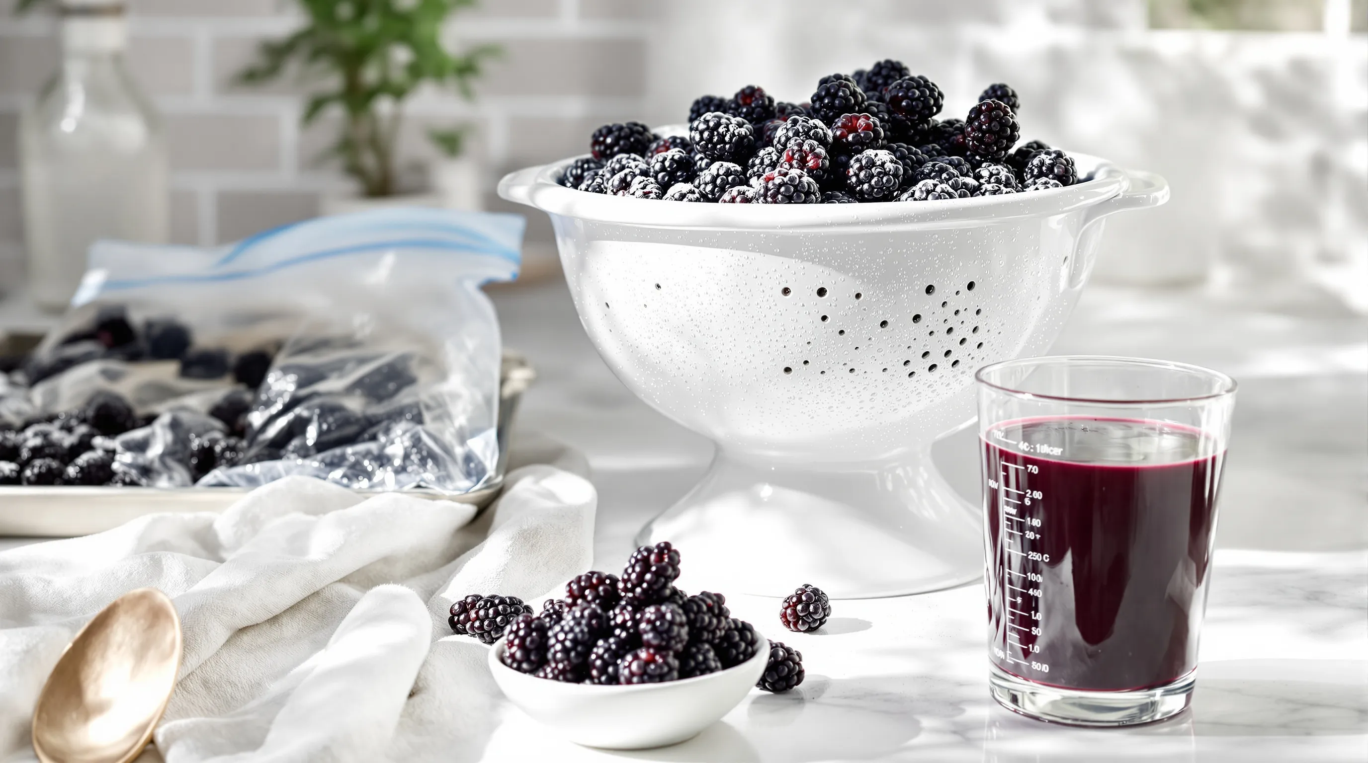 Fresh, frozen, dried, and juiced blackberries arranged on a bright kitchen counter.