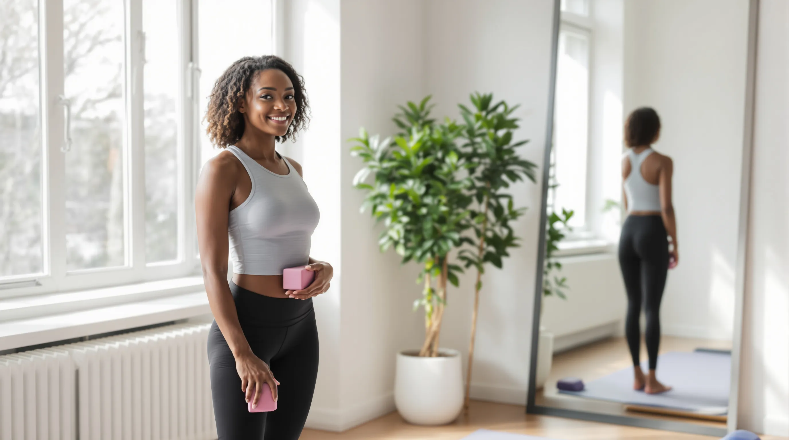 a woman demonstrating good posture in a bright room.