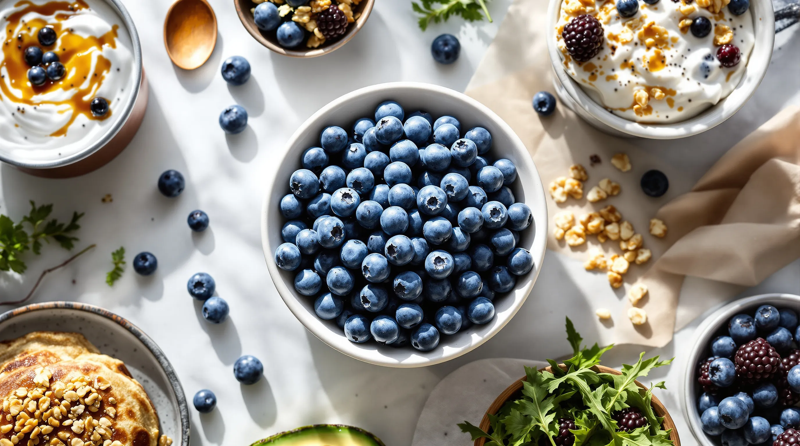 Fresh blueberries surrounded by breakfast, snack, and salad ideas on a counter.